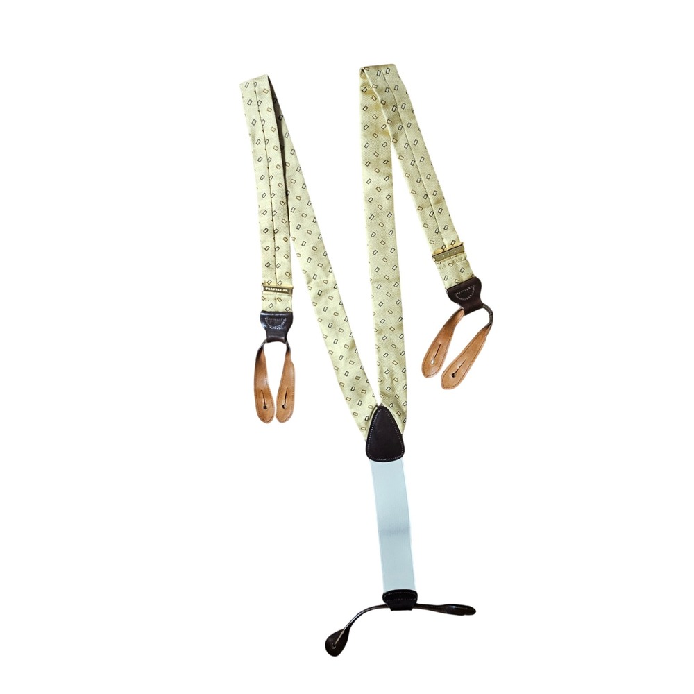 Trafalgar Mens Gold Geometric Silk Suspenders Leather Button Quiet Luxury